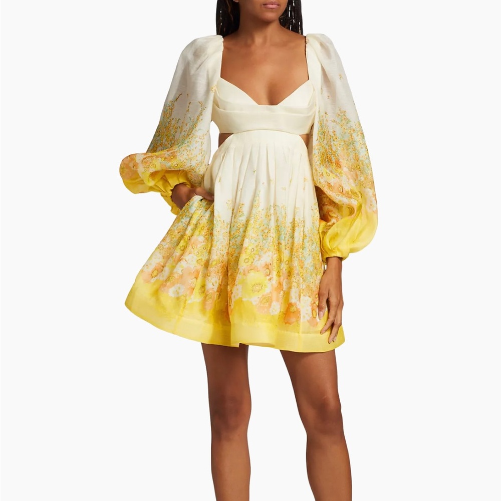 Zimmermann Linen-Silk Minidress, Floral with Cutouts NWT